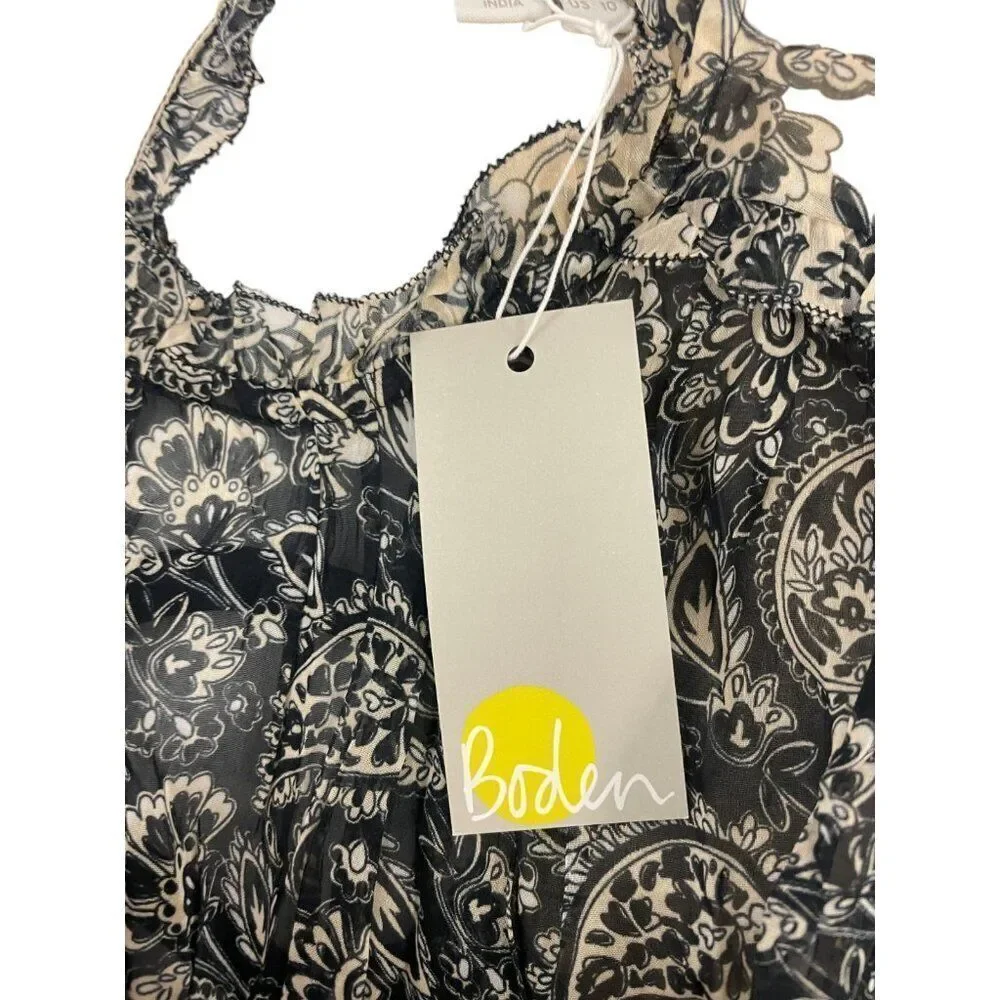 Boden Womens Swing Top UK 14 US 10 Black Paisley Ruffled Cottagecore T1231 NWT